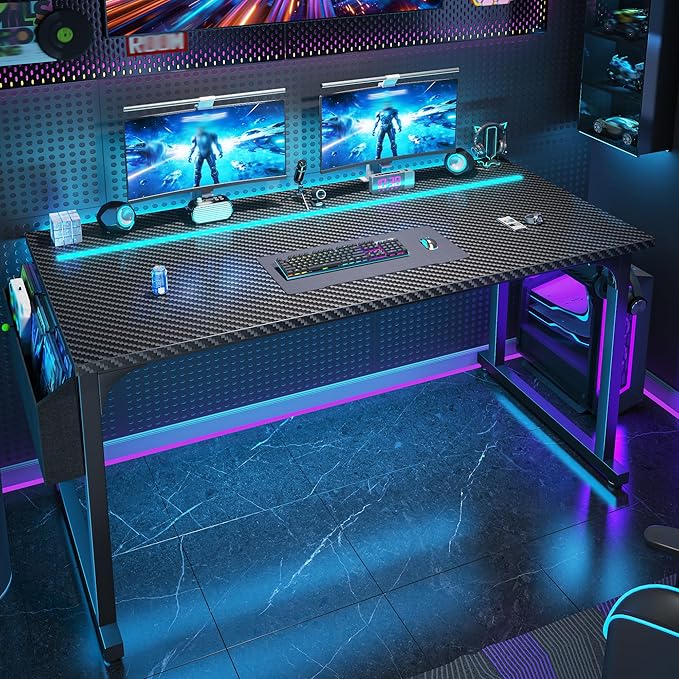 55 Inch Gaming Desk with LED Lights,Computer Desk with Storage Bag for Home Office, Simple Office Desk with Headphone Hook for Study Writing Work Desk,Sturdy Metal Frame,Black
