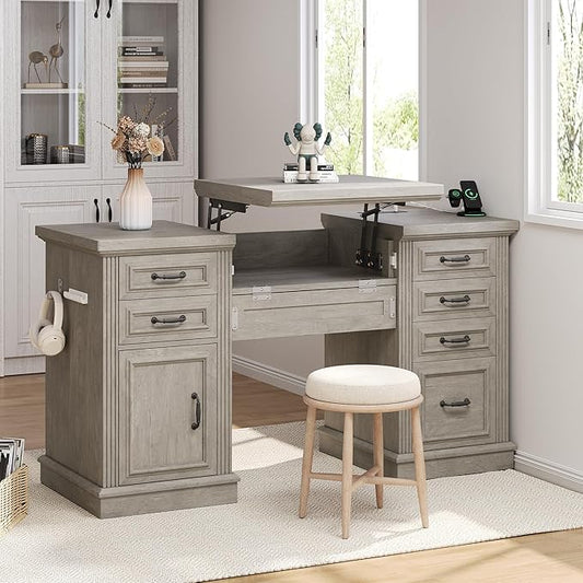 Farmhouse 57" Lift Up Executive Desk with 5 Drawers and Charging Station, Wood Home Office Computer Desk with File Cabinet Storage, Keyboard Tray,Headphone Hook for Work,Study (Grey)