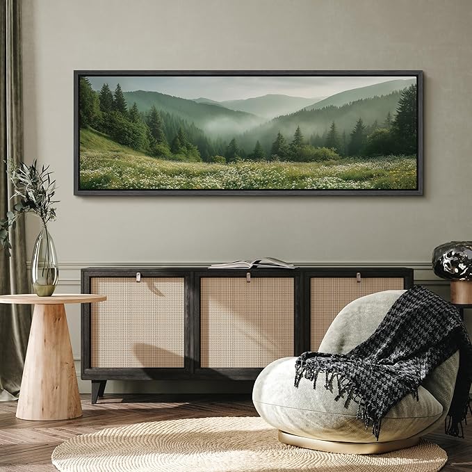 SIGNFORD Large Framed Canvas Print Wall Art Misty Green Valley Meadow Landscape Illustrations Modern Art Calm Warm for Living Room, Bedroom, Office - 60"x20"
