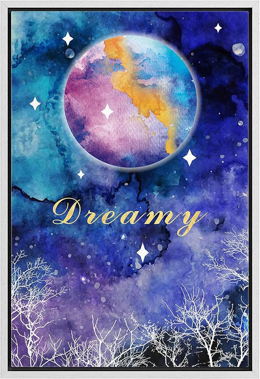 IDEA4WALL Framed Canvas Print Wall Art Dreamy Watercolor Galaxy with Star Covered Moon Astronomy & Space Sky Illustrations Modern Art Glam Colorful for Living Room, Bedroom, Office - 16"x24" WHITE