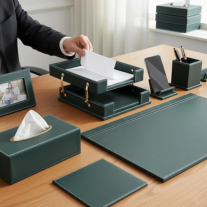 Leather Desk Set, 15-Piece Leather Desk Organizer, Executive Desk Organizer with Desk Pad & Blotter, 2-Tier Tray, Pen Holder, Office Accessories, Executive Desk Accessories(Green)