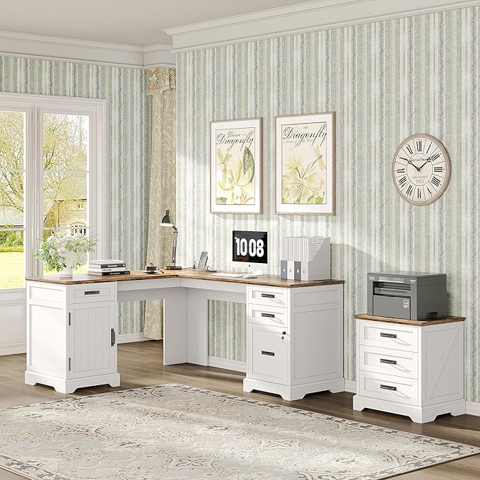Alohappy 67'' L Shaped Desk with Drawers, Farmhouse Corner Computer Desk with File Storage and Charging Station for Home Office, White