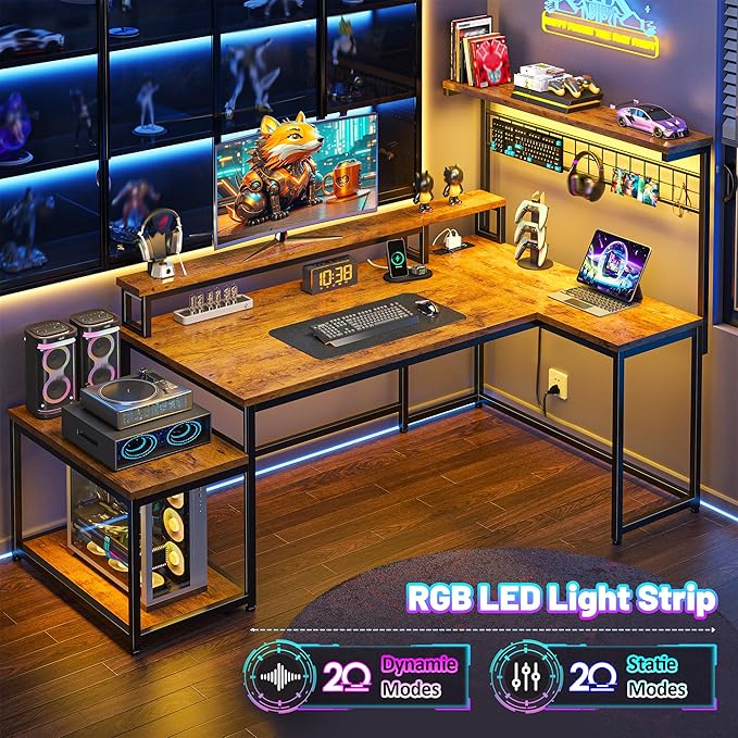 Gaming Desk with Shelves & Hooks, 56" L Shaped Computer Desk with LED Lights & Power Outlets & Monitor Stand and Printer Space for Home Office, Study Room, Bedroom, Rustic Brown