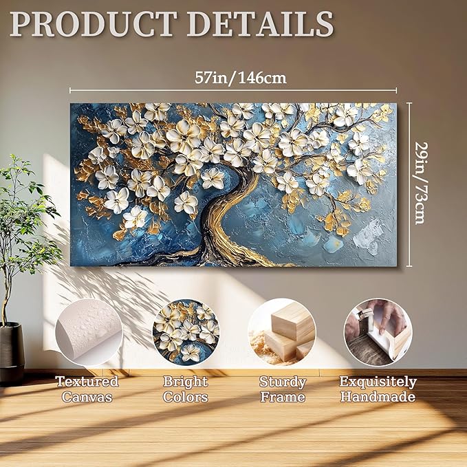 SERIMINO Gold Tree of Life Large Wall Art, Abstract Tree Oil Painting Art Prints, Cherry Blossom Flower Canvas Art Wall Decor, Modern Aesthetic Wall Pictures for Living Room Bedroom Office 29"X57"