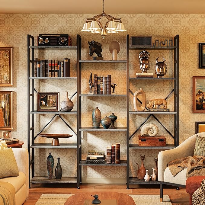 SUPERJARE Triple Bookshelf, Bookcase with 14 Open Display Shelves, Wide Book Shelf Book Case for Home & Office, 5 Tier, Grey