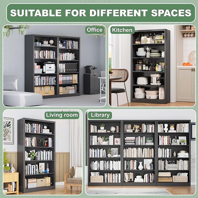 5-Tier Metal Bookshelf, 66" Tall Bookcase with Adjustable Storage Shelves, 33.2" Wide Sturdy Bookshelf with Backboard, Black Book Cases for Office, Living Room, Bedroom, Library, Classroom