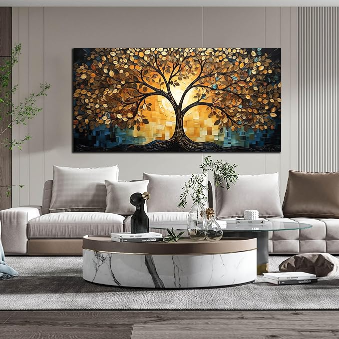 SKYRISE Abstract Tree Canvas Wall Art, Modern Colorful Decorative-Pictures with Gold Yellow and Blue Leaves Printed Painting Artwork Wall-Decor for Living Room Bedroom Office, Large Size 59x29 Inches