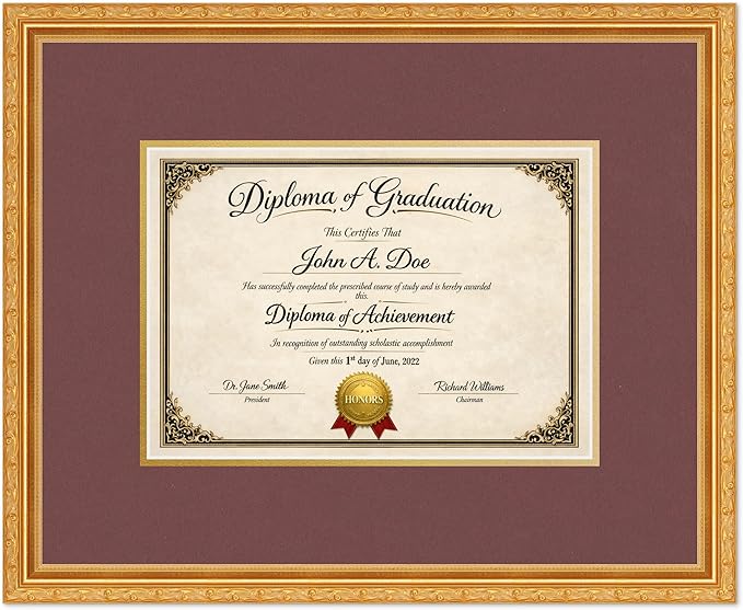 Diploma Frame Museum Gold with Dark Red Over Gold Double Mat - Fits 11.69 x 8.27 A4 Certificate Wall Display Made in the USA