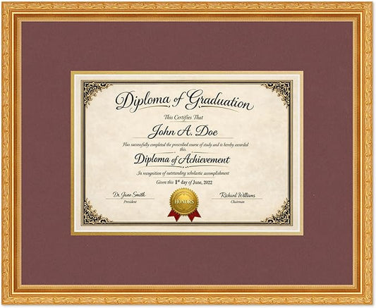 Diploma Frame Museum Gold with Dark Red Over Gold Double Mat - Fits 11.69 x 8.27 A4 Certificate Wall Display Made in the USA