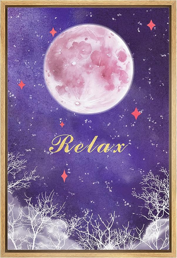 IDEA4WALL Framed Canvas Print Wall Art Tranquil Watercolor Galaxy with Pink Moon Astronomy & Space Sky Illustrations Modern Art Glam Colorful Ultra for Living Room, Bedroom, Office - 16"x24" NATURAL
