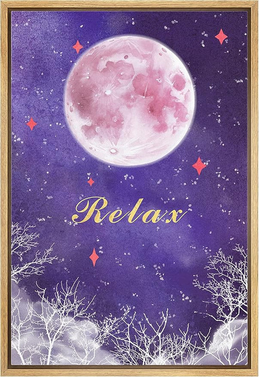 IDEA4WALL Framed Canvas Print Wall Art Tranquil Watercolor Galaxy with Pink Moon Astronomy & Space Sky Illustrations Modern Art Glam Colorful Ultra for Living Room, Bedroom, Office - 16"x24" NATURAL