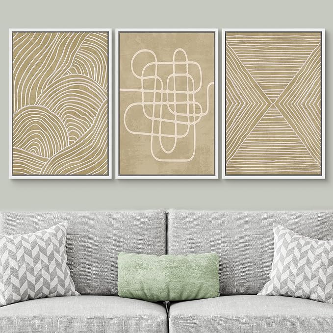 SIGNWIN Framed Canvas Print Wall Art Set Geometric Tan Line Art Collage Graffiti & Street Art Abstract Illustrations Modern Art Decorative Nordic for Living Room, Bedroom, Office - 16"x24"x3 White