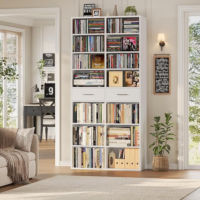 HOSTACK 73" Tall Bookshelf with Drawers, 7-Tier White Bookshelf with Storage, Double Wide Bookcase with 14 Open Book Shelves, Wood Book Case with Adjustable Shelves for Media CD DVD Storage, White