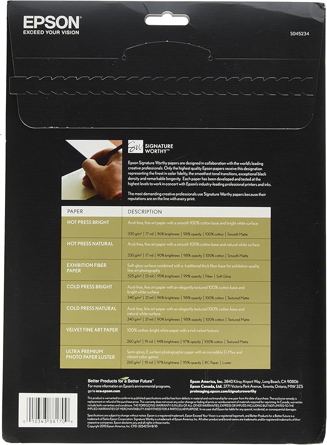 Epson Signature Worthy Paper Sample Pack, 8-1/2 x 11 Inches, Assorted Finishes, 14 Sheets/Pack (EPSS045234),White