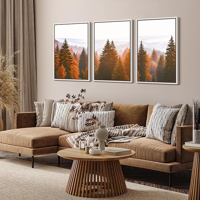 SIGNFORD Framed Wall Art Print Set Golden Autumn Forest Warm Sunrise Landscape Digital Art Modern Art Contemporary for Living Room, Bedroom, Office - 24"x36"x3 White