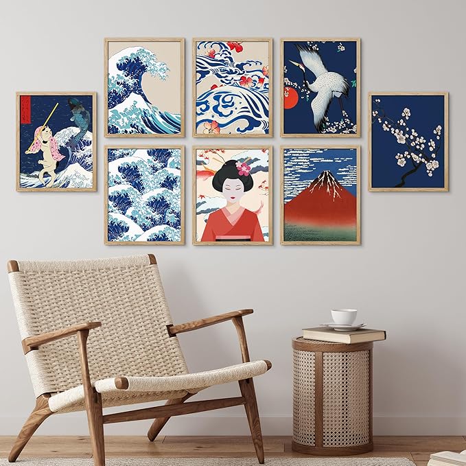 SIGNWIN Framed Poster Bathroom Decor, Wall Art Room Decor Multicolor for Living Room, Bedroom, Office Japanese Great Wave Ukiyo-e Nature Landscapes Vintage Bohemian - 8"x10"x 8 Natural