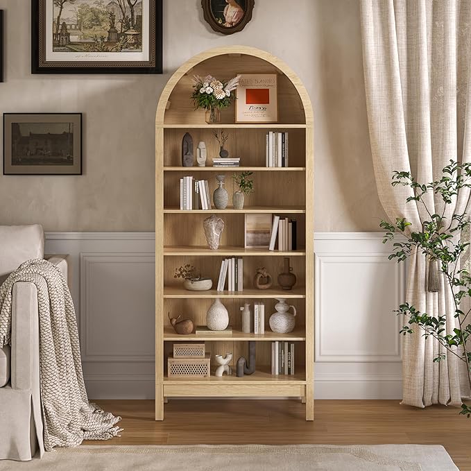 Tall Arched Bookshelf, 7-Tier Bookcase with 3 Adjustable Shelves, Modern Farmhouse Storage Shelf for Living Room, Entryway, Office, 29.5" W x 70.1" H x 13.8" D, Natural Oak