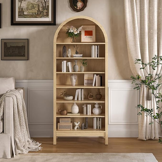 Tall Arched Bookshelf, 7-Tier Bookcase with 3 Adjustable Shelves, Modern Farmhouse Storage Shelf for Living Room, Entryway, Office, 29.5" W x 70.1" H x 13.8" D, Natural Oak