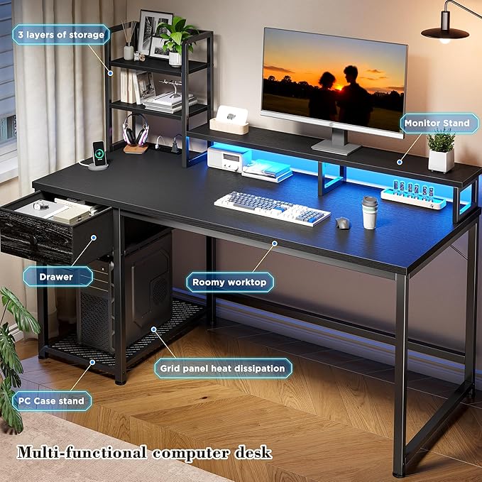 44 Inch Gaming Desk with Hutch and Drawers,Reversible Computer Desk with Monitor Shelf,Home Office Desks with USB Power Outlets and Storage,Pc Small Gaming Desk for Office with LED Lights,Black