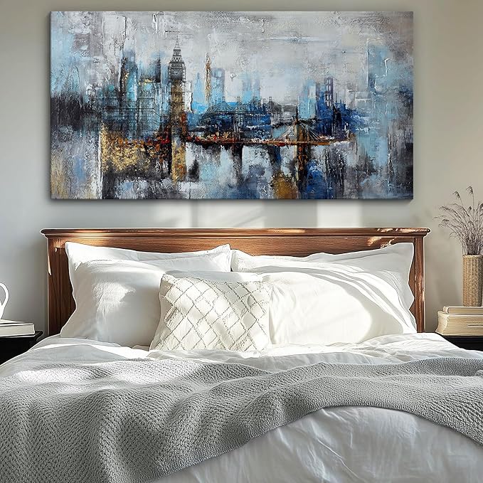 Pogusmavi Large Wall Art for Bedroom Abstract City View Canvas Art Modern Home Decor Gray Blue Buildings Prints for Bedroom Wall Art Office Artwork Wall Decor for Living Room Decor 29x58 inches