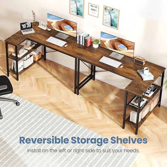 DUMOS L Shaped Desk 55 Inch Computer Desk Gaming Furniture Corner Desks Home Office PC Table with Reversible Storage Shelves for Writing Working Study Bedroom Dorm, Rosewood