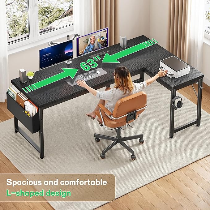 63" L Shaped Desk with Power Outlets and USB-C Port, Reversible Computer Desk, Larger Office Corner Gaming Desk with LED, 0.95" Thicker Desktop, Metal Frame, for Home Office, Study, Black