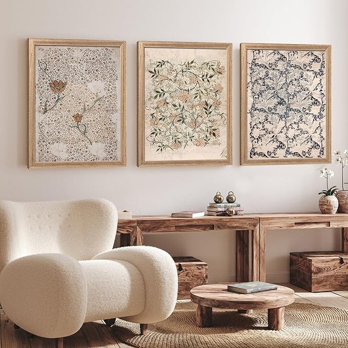 Bohemian Botanical Wall Art Set Of 3 Vintage Floral Canvas Prints For Home & Kitchen Wall Decor Art Prints 16x24 Inches Wood Framed Easy to Hang