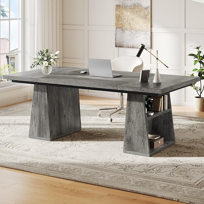 YITAHOME 63" Executive Desk, Large Office Desk Computer Desk with Double Pedestal and Storage Shelves, Wood Simple Workstations Writing Table Conference Table Business Furniture for Home Office, Grey