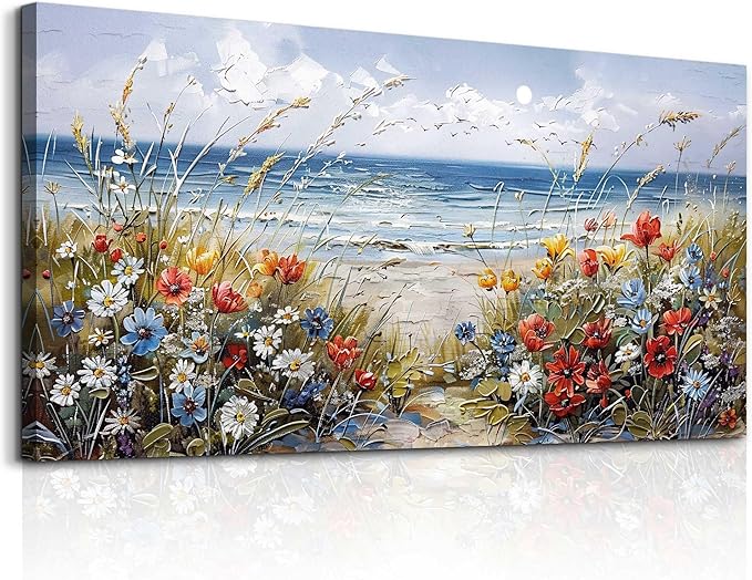 MHARTK66 Large Canvas Wall Art Flowers Farmhouse Bedroom Wall Painting Wall Decor For Living Room Office Blue Watercolor Print Nature Artwork For Walls Ocean Poster Modern Home Decorations 24x48