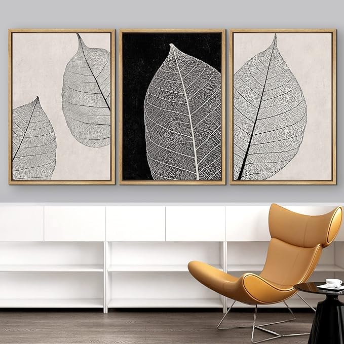 IDEA4WALL Framed Canvas Print Wall Art Set Tan Black Forest Plant Leaf Close Up Details Abstract Shapes Illustrations Modern Art Decorative Nordic for Living Room, Bedroom, Office - 16"x24"x3 Natural