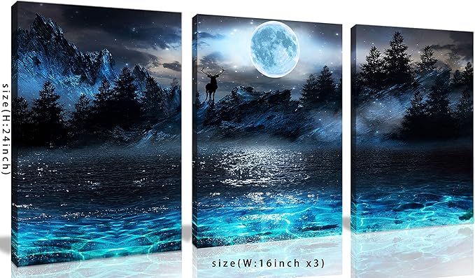 Aburaeart Moon - Deer Ocean Landscape Picture Wall Art For Living Room & Bedroom - 3 Piece Canvas Wall Decor - 16x24 Each Panel