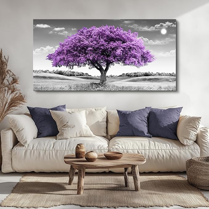 Canvas Wall Art for Living Room Large Wall Decor for Bedroom Modern Office Wall Decorations Purple Tree Landscape Painting Black and White Pictures Artwork Room Aesthetic Home Decor