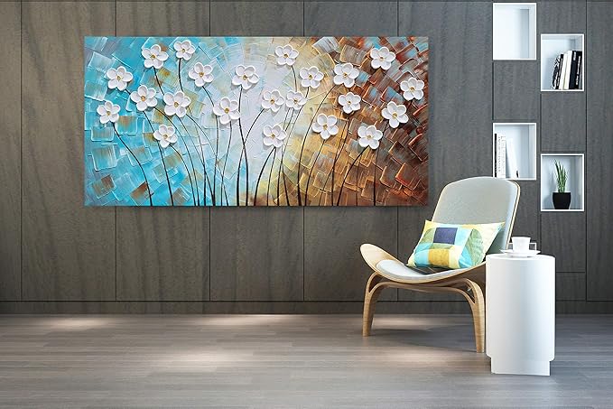 YHSKY ARTS Artisan Crafted Three Dimensional White Floral Relief Wall Decor, Abstract Botanical Canvas Artwork forLiving Room Bedroom Decor