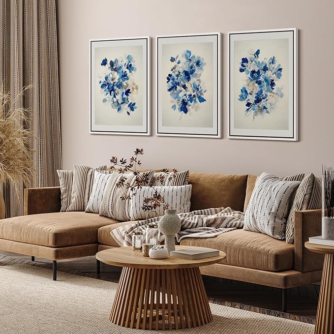 SIGNFORD Framed Wall Art Print Set Blue Blossom Watercolor Floral Botanical Digital Art Modern Art Contemporary for Living Room, Bedroom, Office - 24"x36"x3 WHITE