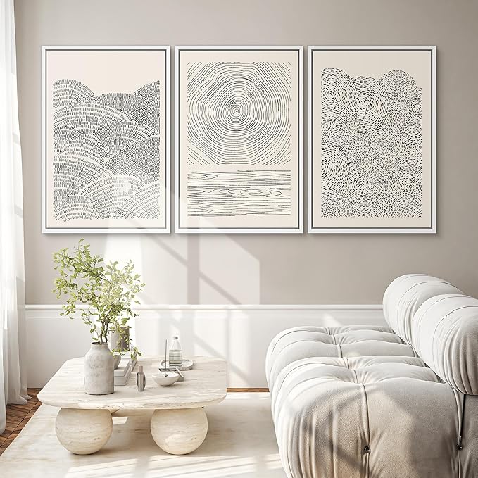 SIGNWIN Framed Canvas Print Wall Art Set Geometric Spiral Ring Wave Pattern Abstract Shapes Cozy Neutral Modern Art Decorative Contemporary Minimal for Living Room, Bedroom, Office - 16"x24"x3 White