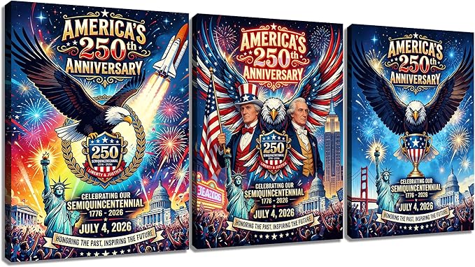 DINGFUN America's 250th Anniversary Wall Art 3 Piece Canvas Set, USA Semiquincentennial Patriotic Decor, 1776-2026 Independence Day Framed Poster for Office and Living Room, 36x16 Inch