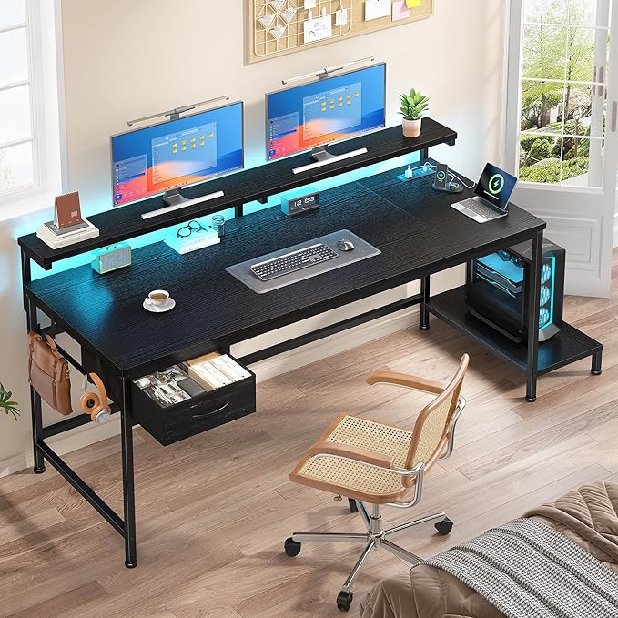 47.2" Gaming Desk with Power Outlet and LED Lights,Computer Desk with Adjustable Monitor Stand and Drawer,Office Desk with CPU Stand for Home Work,Study and Gaming, Small Spaces,Black