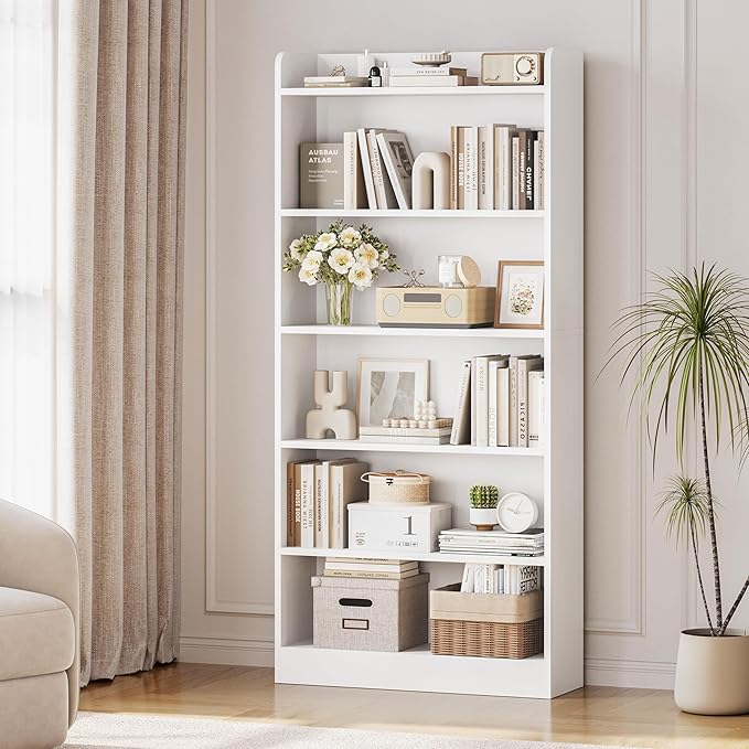 Yaheetech 6-Tier Open Bookcase and Bookshelf, Modern Simple Floor Standing Display Storage Shelves with Top Open Compartment for Home Office, Study, Living Room - White