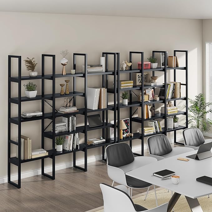 Jehiatek Large Bookshelf 5 Tiers, Triple Wide Geometric Bookcase, 71 Inches Tall Industrial Book Shelves Etagere Book Case, Sturdy Metal Frame, Freestanding Display Shelving Unit, Black