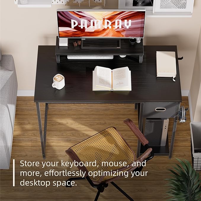 Pamray 39 Inch Computer Desk with Monitor Stand Small Home Office Desks with Non-Woven Storage Drawer for Bedroom Study Table Writing and Work Desk Espresso Gray,Gray Leg