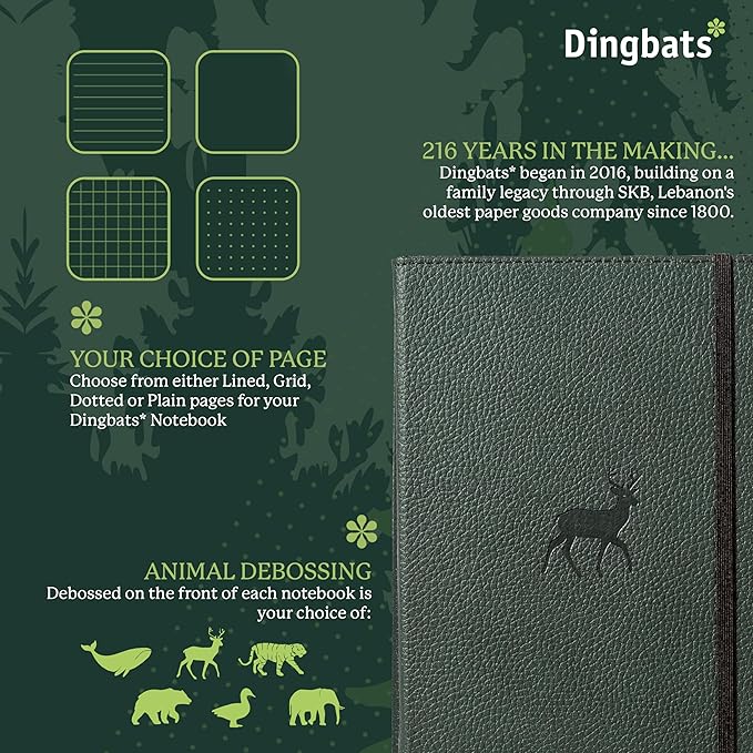 Dingbats* Wildlife Grid Writing Journal Notebook A5 - Vegan Leather Hardcover - Ideal for Work, Travel - Pocket, Elastic Closure, & Bookmark