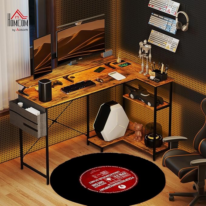 HOMCOM 58" L Shaped Gaming Desk with Power Outlets and LED Lights, Reversible Computer Desk with Monitor Stand, Fabric Storage Bag, Cable Management, for Home Office, Rustic Brown