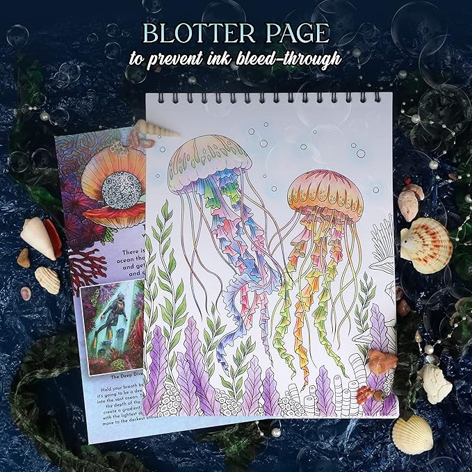 ColorIt Underwater Wonders Adult Coloring Book, 50 Under the Sea Coloring Pages, USA Printed with Spiral Binding, Hardback Covers, and Ink Blotter | for Arts and Crafts, Ocean Coloring Book for Adults