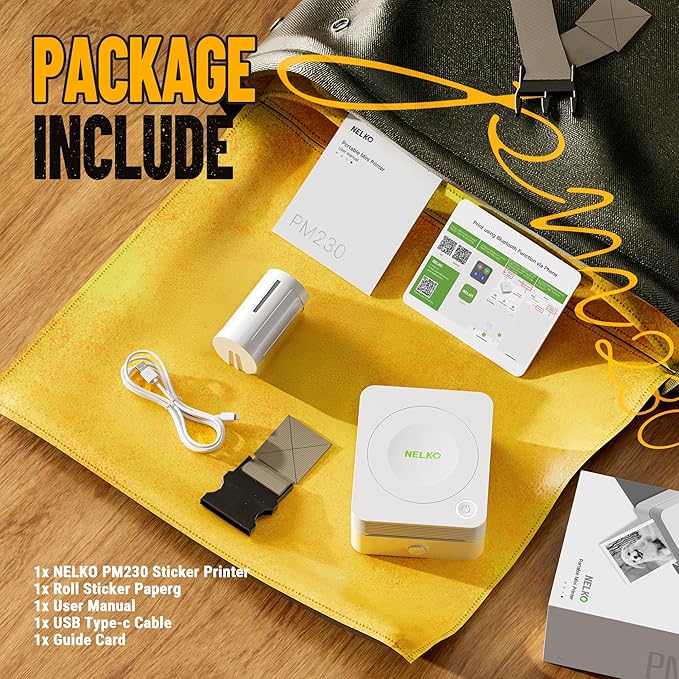 Nelko Sticker Printer, PM230 Print Pod Mini Bluetooth Portabel Sticker Maker with 1 Rolls Paper, Print Pods with Multiple Templates for Phone & Tablet, Smart AI APP Family, White