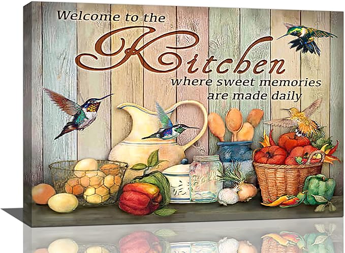 yerretin Farmhouse Kitchen Wall Art Country Pictures Wall Decor Rustic Vegetables Food Canvas Paintings Kitchen Signs Modern Artwork Home Decorations Framed 24"x16"