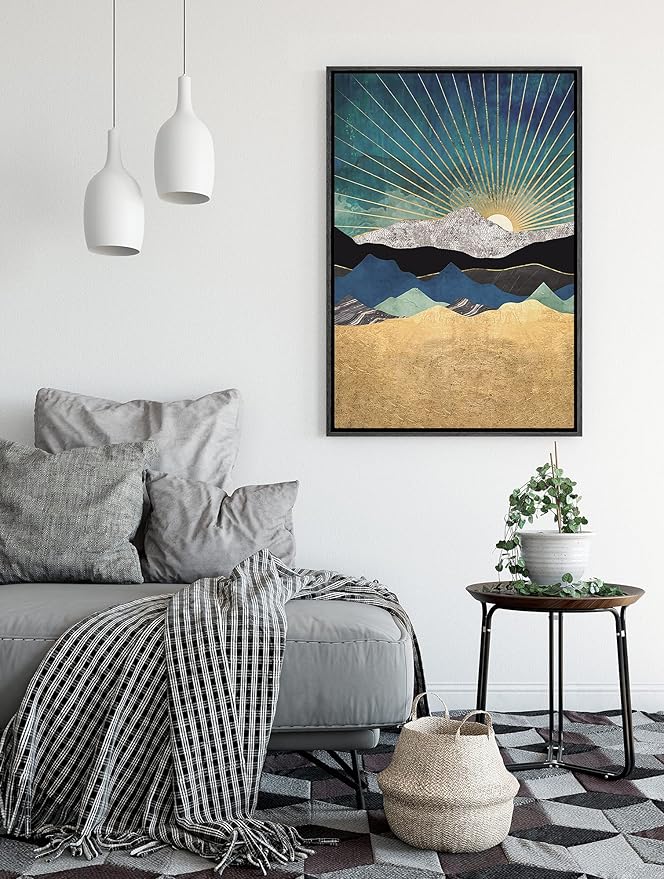 SIGNFORD Framed Canvas Print Wall Art Sun Peeks Over Granite Mountain Range Abstract Wilderness Illustrations Modern Art Contemporary Scenic for Living Room, Bedroom, Office - 24"x36" Black