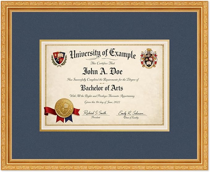 CountryArtHouse Diploma Frame Fits 11.69 x 8.27 A4 Certificate - Keepsake Graduation Display Museum Gold Genuine Hardwood with Navy Blue Over Metallic Gold Double mat
