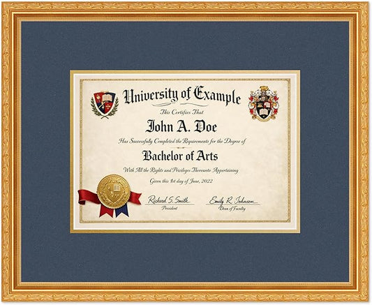 CountryArtHouse Diploma Frame Fits 11.69 x 8.27 A4 Certificate - Keepsake Graduation Display Museum Gold Genuine Hardwood with Navy Blue Over Metallic Gold Double mat