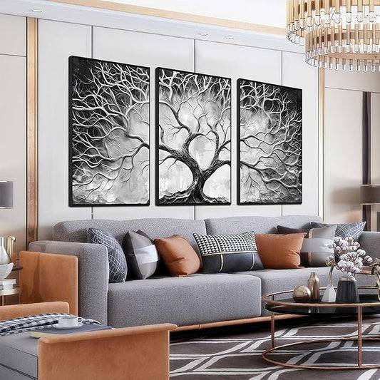 Large Framed Wall Art Bedroom - Tree Pictures Wall Decor - 3 Piece Abstract Wall Art with Black Frame Ready to Hang Size 24" x 36" x 3 Panels