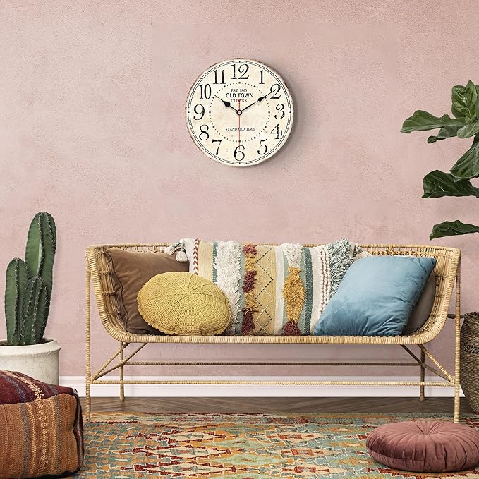 14 Inch Retro Round Wall Clock Old Town Vintage Antique Style Battery Operated French Country Silent Wall Clocks for Farmhouse,Garden,Home Kitchen,Bedroom,Office